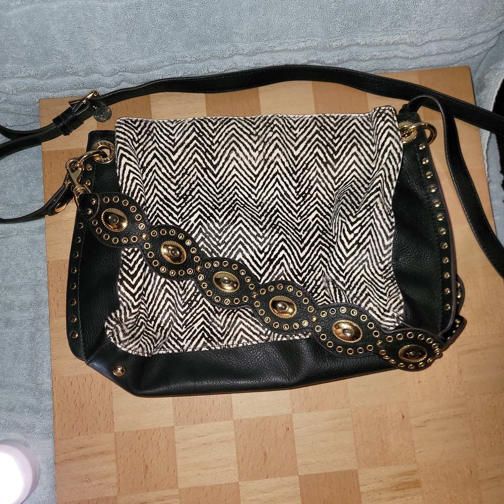 Black & White Chevron Shoulder Bag with Gold Stud Accents